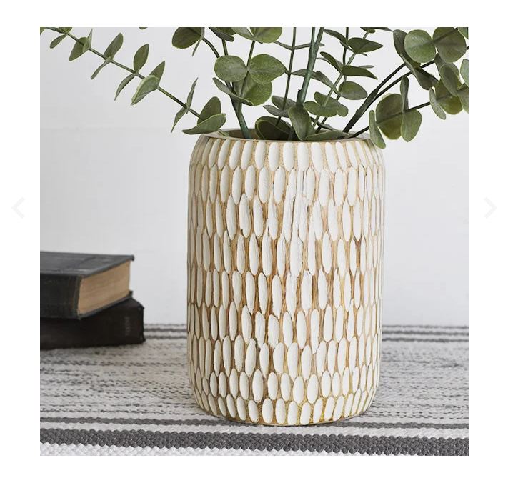 Carved Wood Whitewashed Vase