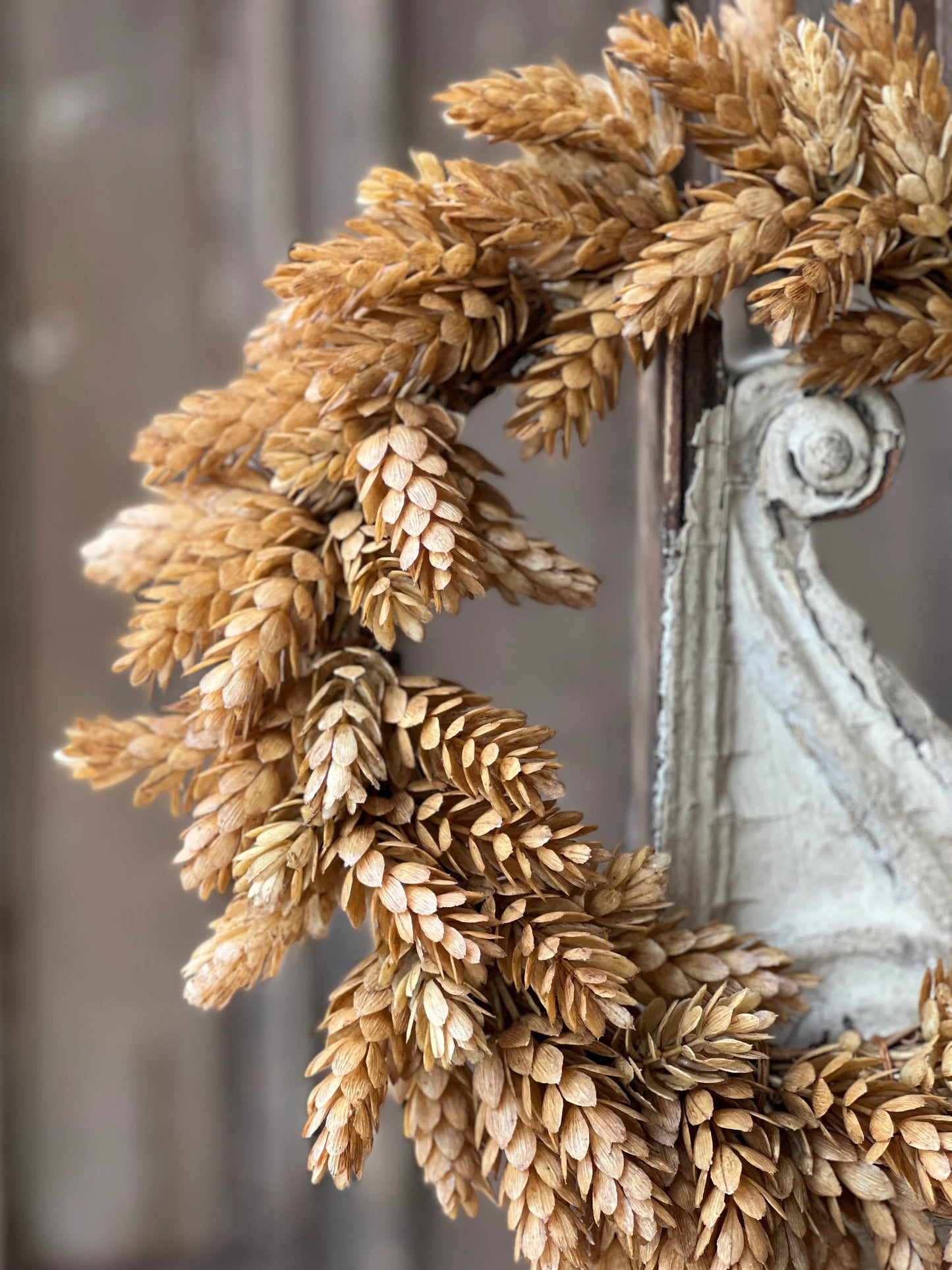 Upclose of fall wreath - beige hops wreath