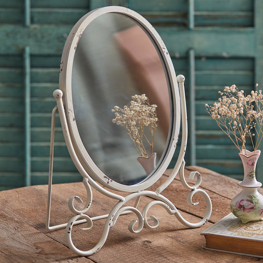 Oval Chippy White Tabletop Mirror