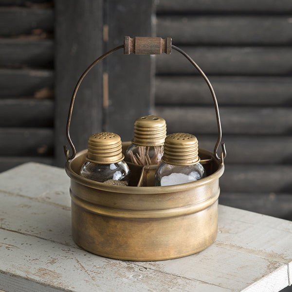 Round Bucket Salt Pepper and Toothpick Caddy - Antique Brass